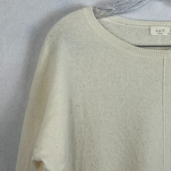 Naif Montreal Knit Sweater Womens M Ivory Wool Cashmere Blend Ribbed Trim Hi-Low - Picture 3 of 10